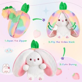 MIAODAM Strawberry Bunny Stuffed Animal, Iridescent & Strawberry Bunny Plush Turn Into Rabbit Fruit Doll, Plushies Funny Bunny Plush Toy for Babies and Kids(7 inch)