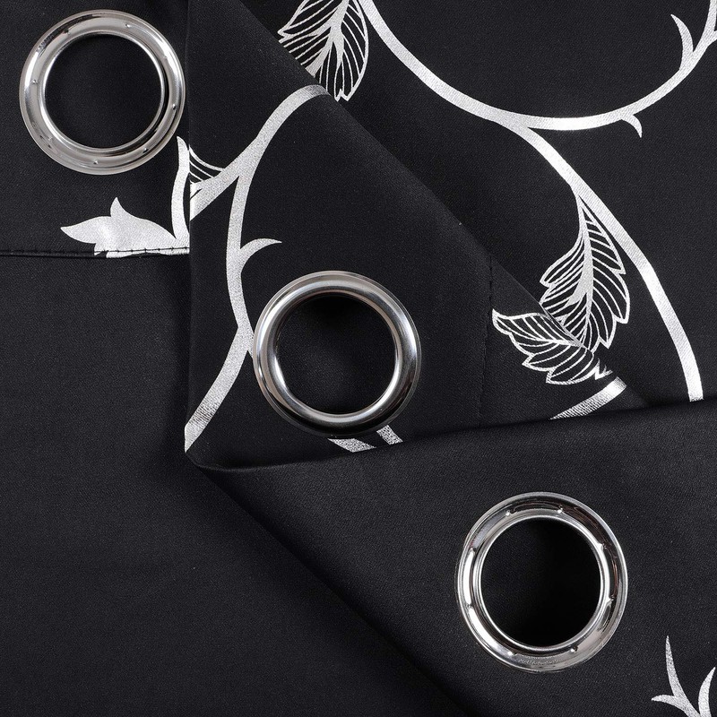 BUHUA Black Blackout Window Curtains Thermal Insulated Silver Vine Print