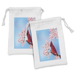 Lunarable Cardinal Fabric Pouch Set of 2, Cartoon Style Bird Sitting on a Sakura Tree Wildlife with Open Sky, Small Drawstring Bag for Toiletries Masks and Favors, 9" x 6", Pale Pink Blue Ruby