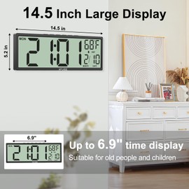 Xflyee 14.5'' Large Digital Wall Clock Battery Operated with Jumbo Numbers, Auto DST, Day, Date, Alarm, Temperature for Living Room, Bedroom, Desk Decor, Gift, LCD Screen Display Easy to Read and Set