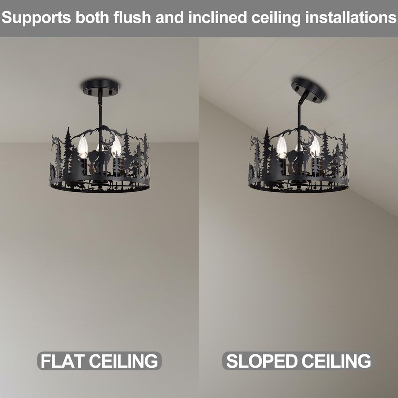 Rustic Semi Flush Mount Ceiling Light,3-Light E12 Base Living Room