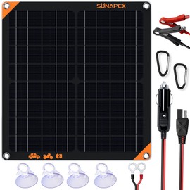 SUNAPEX SUNAPEX 20W 12V Solar Panel Battery Charger Maintainer, Portable Waterproof Solar Trickle Charger with Built-in Charge Controller, Cig Plug, Alligator Clips, O-Rings for Car, Truck,Tractor, Boat, etc