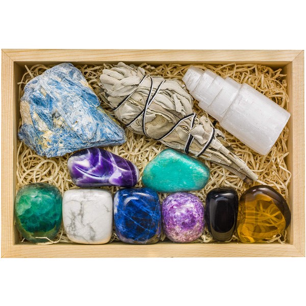 Calming Large Sleep Crystals and Healing Stones in Wooden Gift Box + 50pg EBOOK, Stress and Anxiety Relief - Amethyst, Lepidolite, Fluorite, Smoky Quartz, Selenite, Sage, and Info Guide, Made in USA