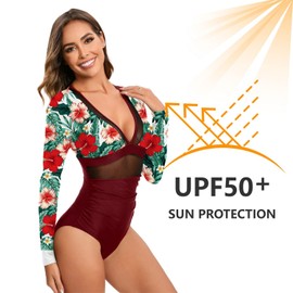 NESY Women's Long Sleeve Rash Guard Swimsuits One Piece Bathing Suit UV Protection Surfing Suit Zipper Printed Swimwear, 12-honghua, Medium