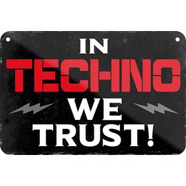 schilderkreis24 Tin Sign Funny Saying "In Techno We Trust!" Decorative Fun House Entrance Door Vintage Retro Humour Funny Gift Idea Birthday Christmas 18 x 12 cm