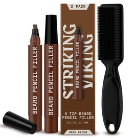 Striking Viking 2 Pack Beard Pencil Filler for Men with 4 Tips - Waterproof Formula Facial Hair Filling Kit with Brush Beard Filler Pen Kit - Dark Brown