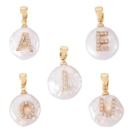 Magibeads 5Pcs Natural Freshwater Pearl Charms Cubic Zirconia Vowel Letter Alphabet Charms Gold Summer Beach Ocean Pendants for Crafts DIY Bracelets Necklaces Jewelry Making Supplies