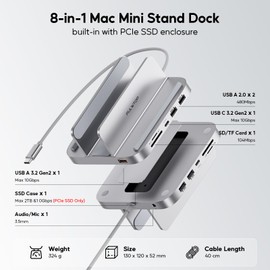 PULWTOP Mac Mini Hub Stand with M.2 PCIe NVMe SSD Enclosure, 8-in-1 Vertical Mac Mini Dock with USB A/C 3.2 10Gbps, 2 x USB A 2.0, SD/TF Slots, 3.5mm Audio/Mic Jack for 2018 Later Mac Mini M2/M1