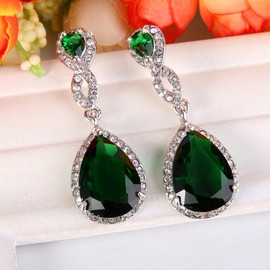 Flyonce Austrian Crystal Zircon Wedding Figure 8 Infinity Pierced Dangle Earrings Green Silver-Tone