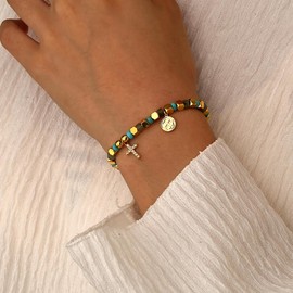 JAYUMO 18K Gold Plated Cross Bracelet for Women Jewerly Simple Bead Gold Bracelet for Women (Gold cross)