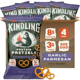 Kindling Protein Pretzels - Garlic Parmesan | Protein-Packed Snack | Kosher | 8 - 9g Protein Per Serving | Only 1-2g of Total Sugar | No Artificial Flavors, Soy-Free | Kid’s Snacks & Lunches, Office Snacks, & On-the-Go | 4-Pack (6.5oz Bags)