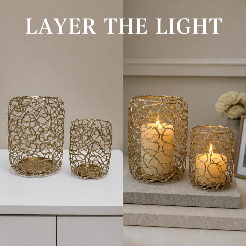 Pillar Candle Holder,Gold Candle Holder Metal Nest Lantern Set 2&3"