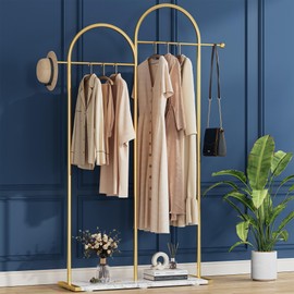 Raybee 76.7" H Gold Clothing Rack for Small Space, Modern Coat Rack with Shelf, Metal Clothes Rack for Entryway, Boutiques Store, Living Room, Bedroom