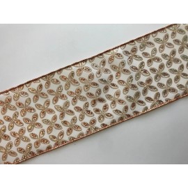 Christmas Ribbon, Ivory Rose Gold Sparkle, 4 Inches Wide, Wired Edge, 3 YARDS