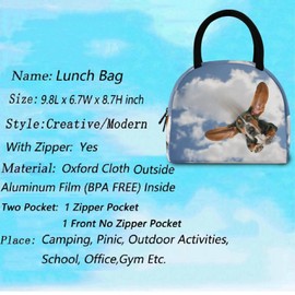 ZzWwR 3d Basset Hound Flying Through Air Reusable Lunch Tote Bag with Front Pocket Zipper Closure Insulated Thermal Cooler Container Bag for Work Picnic Travel Beach Fishing