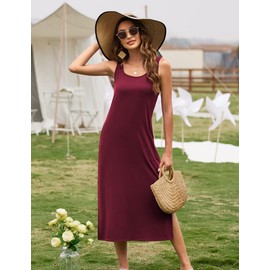 Naggoo Women's Sleevelee Tank Dress Midi Summer Casual Scoop Neck Basic Split Maxi Tshirt Sundresses with Pockets Wine Red
