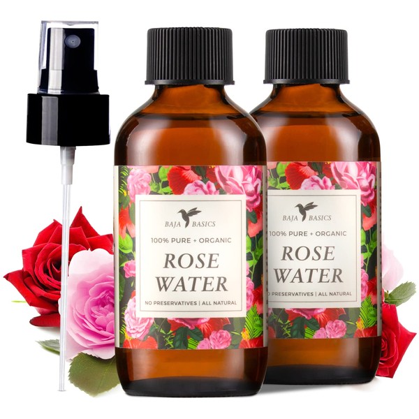 Baja Basics Rose Water Spray For Face, Body & Hair Hydrating Facial Toner, Refreshing, Soothing Mist Moisturizer for Dry Skin - Vegan Beauty Skincare Products - 4oz 2 Pack