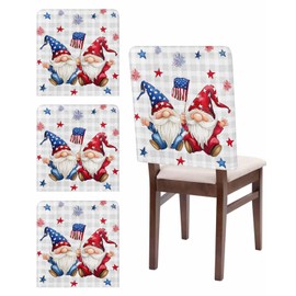 4th of July Chair Covers Set of 4 Patriotic Stars Gnomes Chair Slipcover Protector Stretch Chair Covers Fireworks Grey Buffalo Plaid Independence Day Chair Back Covers for Dining Chairs Kitchen Party