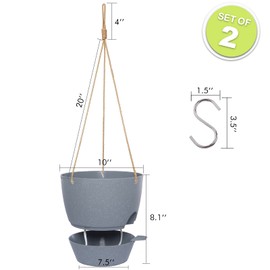 SwinDuck 10 Inch Self Watering Hanging Pots, 2 Pack Hanging Planters with 40oZ Deep Reservior for Indoor Outdoor Plants Flowers, Grey