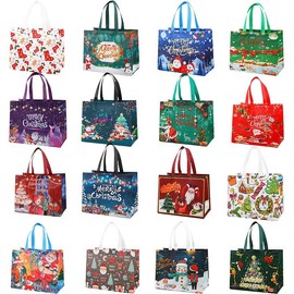 16PCS or 32PCS Christmas Gift Bags (with assorted patterns): Reusable non-woven material, equipped with handles, ideal for New Year and Christmas decorations, and perfect for holiday gifting. compact eco-friendly kids advent:_16PCS