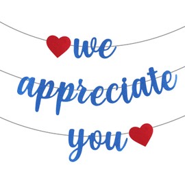 We Appreciate You Banner, 9.8ft Glitter Appreciation CNA Week Backdrop with Red Heart Thank You Bunting Paper Hanging Appreciation Decorations for Doctor Nurse Teacher Pastor Staff (Blue)