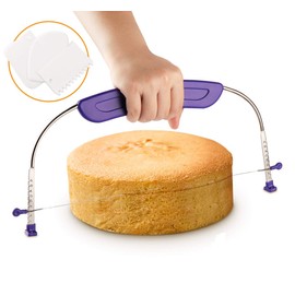 ilauke Tortenbodenteiler 32,5cm x 16cm, Tortenbodenschneider mit Höhenverstellbarem Schneidedraht und mit Gratis Kuchenschaber,Tortensäge zum Gleichmäßigen Schneiden von Tortenböden(Purple + Silver)