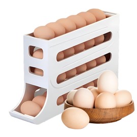 4 Tiers Egg Holder for Fridge, Automatic Scrolling Egg Rack Holder, Space-Saving Egg Dispenser Auto Rolling, Large Capacity Eggs Organizer for Fridge, Kitchen (White)