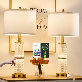 SAIWEYA Crystal Table Lamps Modern 3-Way Dimmable Bedside Lamp with 2 USB Ports & AC Outlets for Living Room Bedroom Nightstand Lamp Night Light