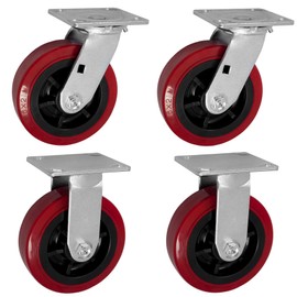 IconCasterWheels 5" x 2" Pro-Tech Polyurethane RED Heavy Duty Casters | Set of 4 | 2 Swivel & 2 Rigid Top Plate Casters |Top Plate 4"x4.5" | Non-Marking | Load Capacity 3000 lbs. Per Set