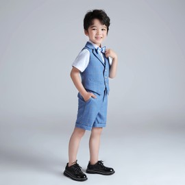 LOLANTA Big Boys 4PCs Waistcoat Suit, Wedding Ring Bearer Outfits, Vest, Shirt, Shorts, Bow Tie Easter Suit(12-13 Years, Blue)