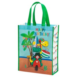 WRAPAHOLIC Large Reusable Birthday Gift Bag with Handles - 10 x 5 x 13 inch - Dinosaur Happy Birthday