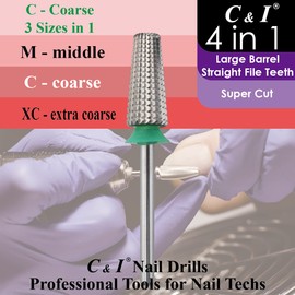 C & I Nail Drill Bit 4 in 1 Super Cut E-File, Multi-function plus Upgrade File-Teeth, Large Barrel & Straight Cut, for Manicure Drill Machine, Help Nail Tech to Remove Nail Works (Coarse-C)