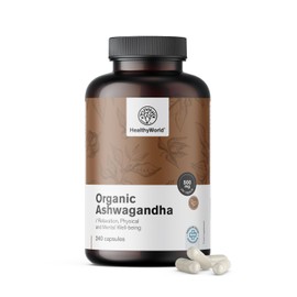 HealthyWorld® Organic Ashwagandha 500 mg - Anti-Stress - High Quality, High Concentration - 1500 mg per Daily Dose - Withania Somnifera - No Additives - 240 Plant Capsules