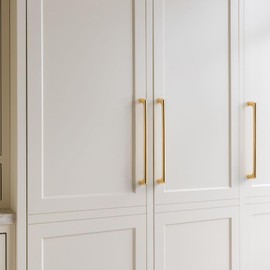 YAGU Modern 7.5 in Cabinet Pulls, 5 Pack Shining Golden 7-1/2 Inch Hole Center Polished Brass Kitchen Drawer Handles Zinc Alloy Hardware for Bathroom Cupboard Bedroom Dresser Wardrobe Closet