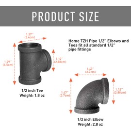 1/2" Black Painted Tee & Elbow, 20 Pack Threaded Cast Iron Pipe Elbow/Tee for Steampunk Vintage DIY Pipe Decor Project/Furniture/Shelving Decoration (20, Black Painted 1/2 Inch(10 Elbows, 10 Tees))