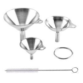 OYWOBET Silver Stainless Steel Funnels for Kitchen Use, Large Tiny Small Funnel Set of 3 with 2Pcs Cleaning Brush Set for Filling Bottles Oil Liquor Water Spice (Silver)