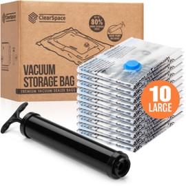 ClearSpace Vacuum Storage Bags, Space Saver Bags – 10 Large Vacuum Seal Bags for Clothing, Blanket Storage, Clothes Storage – Vacuum Sealer Bags, Storage Bags or Travel Bags, Hand Pump Included