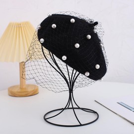 Wool Beret Hat for Women French Style Beret Hat Pearl Veil Beret Hat Warm French Hats Cap for Women Beanie Winter Hat Solid Color Classic Retro Beret Autumn Beret Vintage Artist Hat Soft Beanie Cap