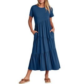 ANRABESS Women Summer Maxi Dress Short Sleeve Swing Casual Asymmetric Tiered Vacation Long Beach Sundress Outfits Blue Large
