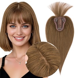 MY-LADY Human Hair Toppers for Women Real Human Hair with Bangs Thin 8 * 10CM Lace Silk Base Clip in Remy Hairpieces Hand-Tied Light Weight 12 Inch Medium Brown