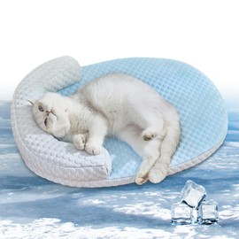 CATISM Cool Pet Mat - Cat Cooling Bed with Pillow, Washable Dog Cat Cooling Mat for Indoor Pets Non-Slip Large Kitty Nest (60 * 45cm, blue)