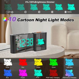 Alarm Clock,Alarm Clocks Bedside with Cute Cartoon,7.2''Large Mirror Clock,11 Colors Digital,10 Color RGB Cartoon,Week Display,Auto Dimming,Dual Alarms,USB Port,5 Levels Volume for Bedroom Table Decor