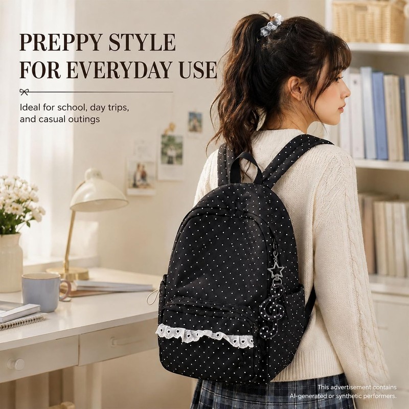 Polka Dot Backpack, Cute Lace Daypack for School Travel