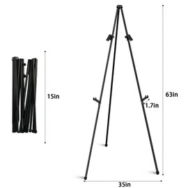 Mutualsign Easel Stand 63" Folding Easels for Display, Portable Floor Standing Tripod Black Easel, Welcome Sign Stand for Wedding, Painting, Arts & Crafts (with Clips)