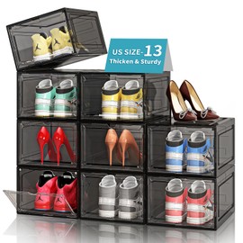 Thicken Sturdy Shoe Storage Boxes Stackable Shoe Organizer for Closet, 9Pack Drop Front Shoe Box with Magnetic Door, Shoe Container for Sneaker Storage, Clear Shoe Rack, Fit US Size up to 13, Black