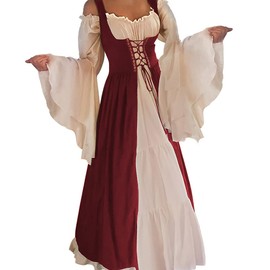 Abaowedding Abaowedding Womens's Medieval Renaissance Costume Cosplay Chemise and Over Dress Small/Medium Wine Red and Ivory