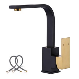 WOWOW Single Hole Bar Sink Faucet Black and Gold Single Handle Bar Faucet Modern Mini Bar Faucet with Water Supply Hose 360 Swivel RV Sink Faucet Small Wet Bar Sink Faucet