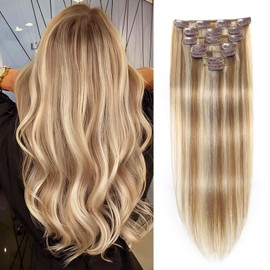 Clip in Hair Extensions Real Human Hair, Remy Human Hair Extensions Clip ins for Women, 100% Natural Human Hair, Double Weftm, 18inch 120g 7Pcs, #16/22 Light Blonde to Golden Blonde