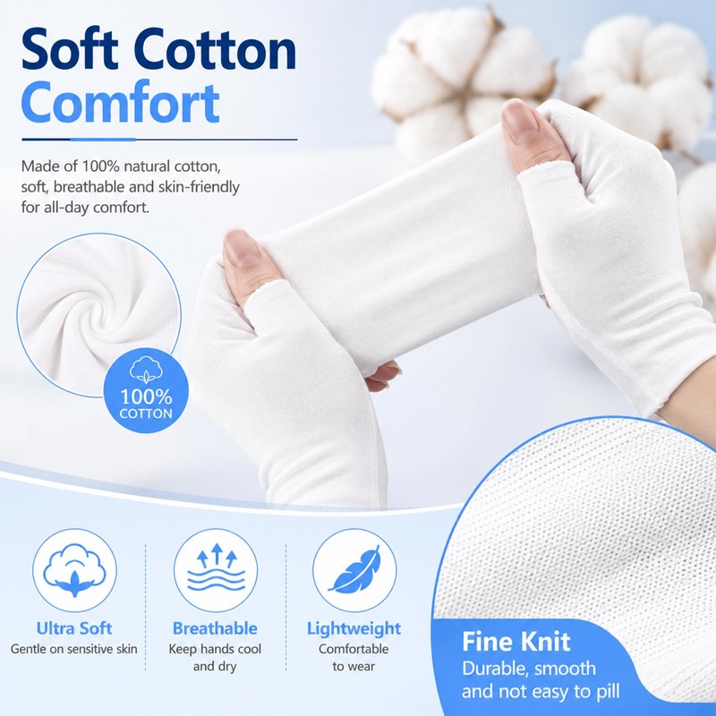 Thfaeyta 6 Pairs Fingerless Cotton Gloves Moisturising Adults Reusable White