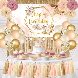Champagne-Gold Beige Birthday Decorations for Women Boho Birthday Party Decorations Gender Neutral Beige Balloons Paper Pom Poms Cloth Sash Fringe Curtain for Boho Birthday Baby Shower Party Decor